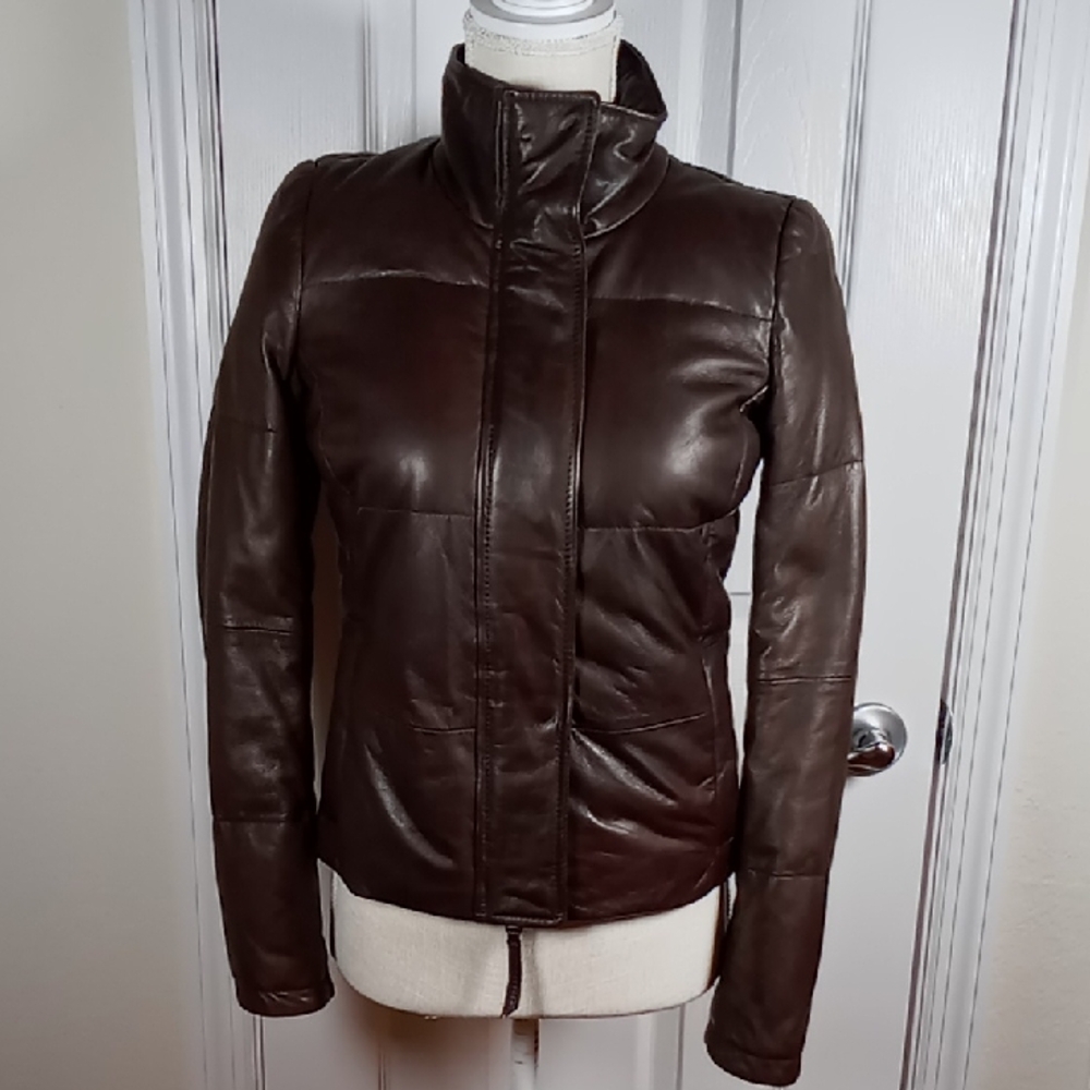 Vtg. Gianni Bini Lambskin/Down Filled Leather Puffer Jacket  XS Chocolate Brown